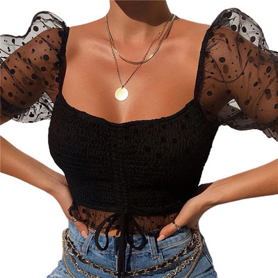 Ženske seksi elegantne majice kratkih rukava s otvorenim ramenima Ženske mrežaste majice s točkicama kratkih rukava Modna jednobojna ženska majica s golim pupkom Osnovna majica na vezanje