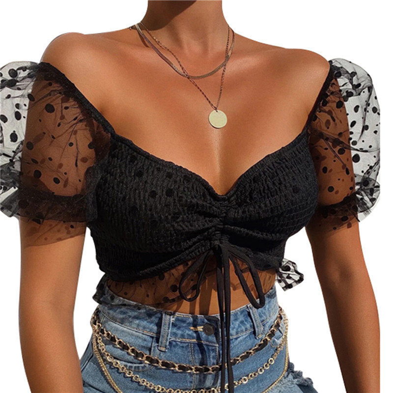 Ženske seksi elegantne majice kratkih rukava s otvorenim ramenima Ženske mrežaste majice s točkicama kratkih rukava Modna jednobojna ženska majica s golim pupkom Osnovna majica na vezanje