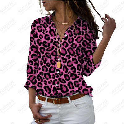Μακρυμάνικο γυναικείο πουκάμισο 2023 με διπλωμένο γιακά σε μέγεθος, casual top κομψό 5XL, τρισδιάστατη στάμπα με λεοπάρ καρτούν