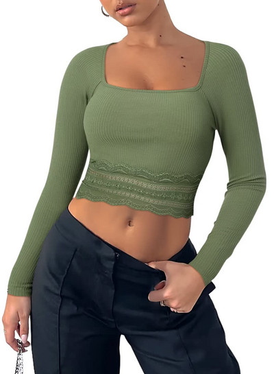 Žene Proljeće Jesen Crop Rebraste majice Čipkana patchwork majica s dugim rukavima četvrtastog izreza za Club Streetwear Estetska grunge odjeća