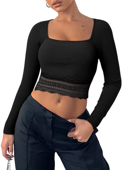 Žene Proljeće Jesen Crop Rebraste majice Čipkana patchwork majica s dugim rukavima četvrtastog izreza za Club Streetwear Estetska grunge odjeća
