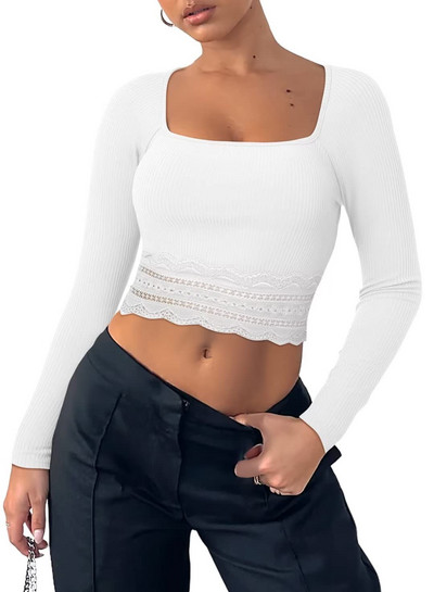 Žene Proljeće Jesen Crop Rebraste majice Čipkana patchwork majica s dugim rukavima četvrtastog izreza za Club Streetwear Estetska grunge odjeća