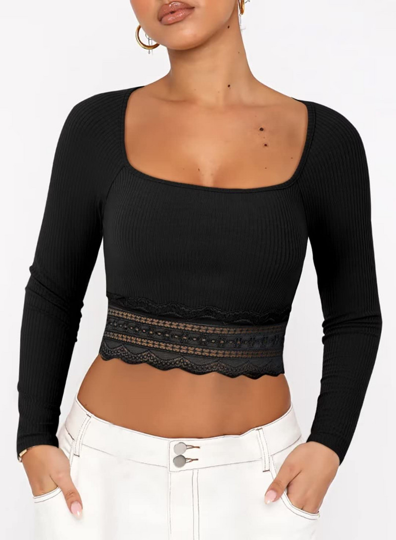 Žene Proljeće Jesen Crop Rebraste majice Čipkana patchwork majica s dugim rukavima četvrtastog izreza za Club Streetwear Estetska grunge odjeća