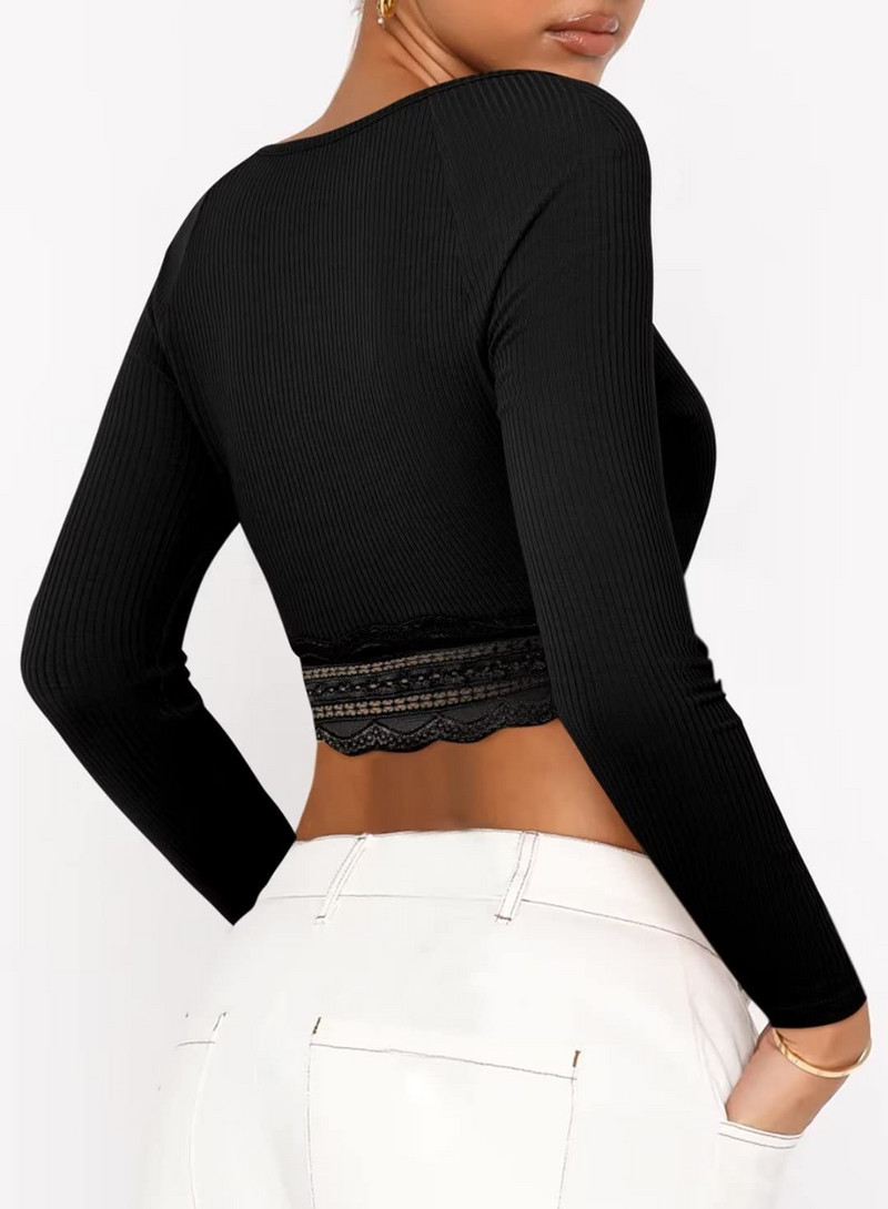 Žene Proljeće Jesen Crop Rebraste majice Čipkana patchwork majica s dugim rukavima četvrtastog izreza za Club Streetwear Estetska grunge odjeća