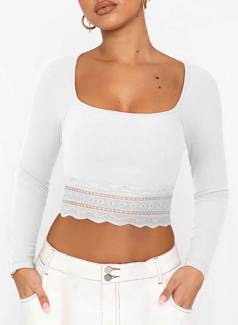 Žene Proljeće Jesen Crop Rebraste majice Čipkana patchwork majica s dugim rukavima četvrtastog izreza za Club Streetwear Estetska grunge odjeća
