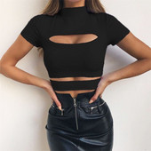 Γυναικείο σέξι γυναικείο τοπ με ψηλό λαιμό, κοντό μανίκι με κούφιο μπλουζάκι Κομψό Stretch Party Club Tee πουκάμισο γυναικείο μοδάτο τουνίκ