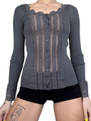 Γυναικεία μακρυμάνικα μπλουζάκια Δαντελένια μπλουζάκια με κουμπιά και πλεκτά πουκάμισα άνοιξη Φθινόπωρο με λεπτή εφαρμογή Streetwear Ρούχα