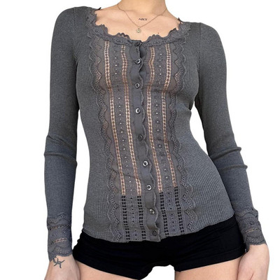 Γυναικεία μακρυμάνικα μπλουζάκια Δαντελένια μπλουζάκια με κουμπιά και πλεκτά πουκάμισα άνοιξη Φθινόπωρο με λεπτή εφαρμογή Streetwear Ρούχα