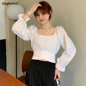 Γυναικεία πουκάμισα Κοντό μανίκι με φουσκωτό μασίφ τετράγωνο γιακά Σχεδιαστής με κορδέλα Κομψό κορεάτικο στυλ Σέξι μόδα Streetwear Γυναικεία Άνοιξη