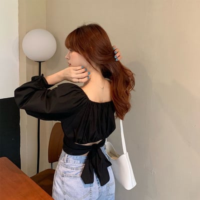 Γυναικεία πουκάμισα Κοντό μανίκι με φουσκωτό μασίφ τετράγωνο γιακά Σχεδιαστής με κορδέλα Κομψό κορεάτικο στυλ Σέξι μόδα Streetwear Γυναικεία Άνοιξη