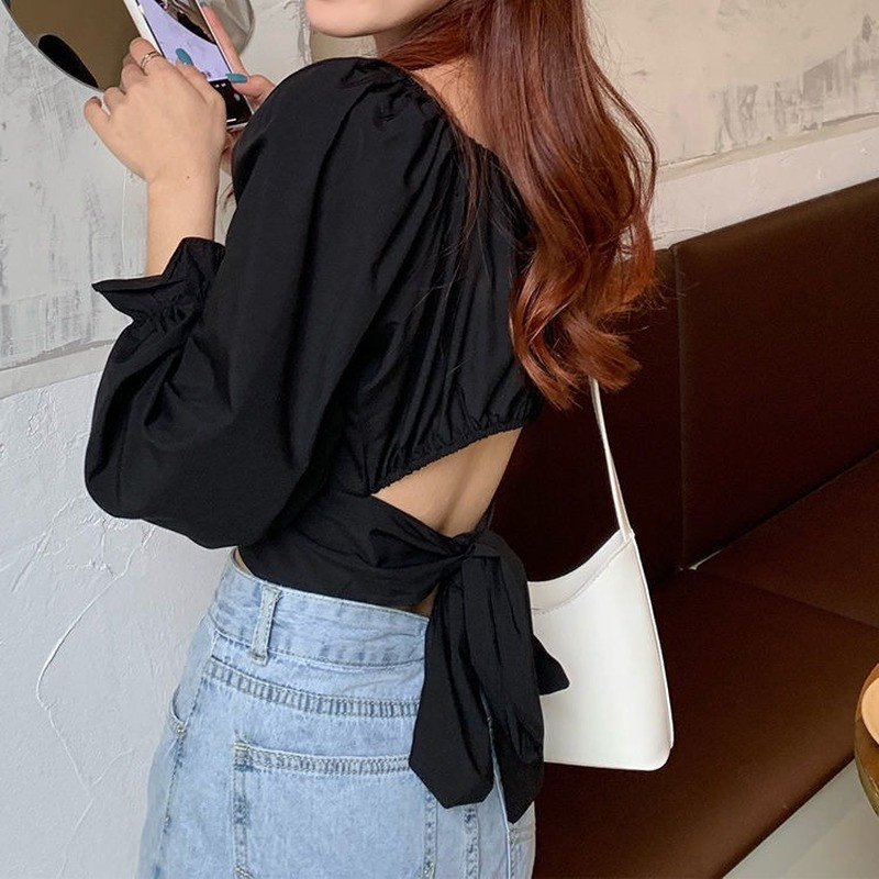 Γυναικεία πουκάμισα Κοντό μανίκι με φουσκωτό μασίφ τετράγωνο γιακά Σχεδιαστής με κορδέλα Κομψό κορεάτικο στυλ Σέξι μόδα Streetwear Γυναικεία Άνοιξη