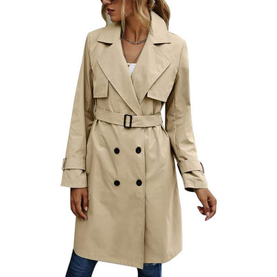 Ženska vjetrovka s dvostrukim kopčanjem, dugi kaput s reverom, kaput s dugim rukavima i pojasom za ležernu odjeću