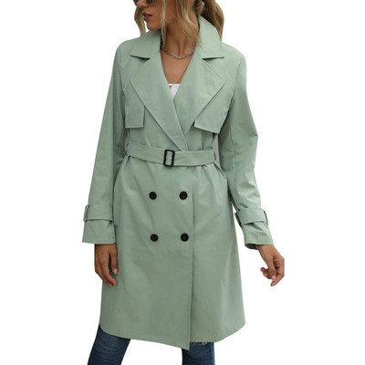 Ženska vjetrovka s dvostrukim kopčanjem, dugi kaput s reverom, kaput s dugim rukavima i pojasom za ležernu odjeću