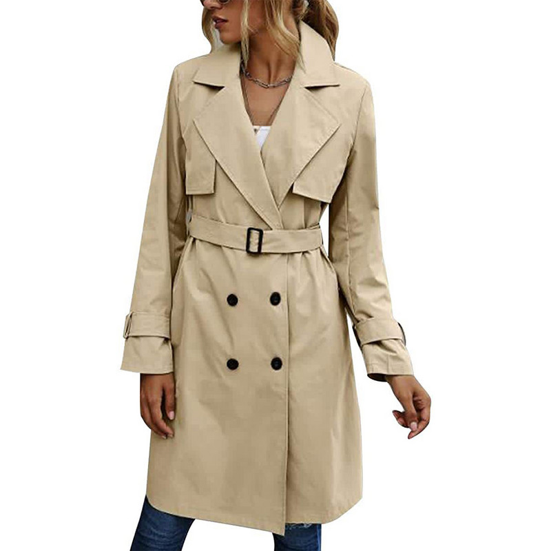 Ženska vjetrovka s dvostrukim kopčanjem, dugi kaput s reverom, kaput s dugim rukavima i pojasom za ležernu odjeću