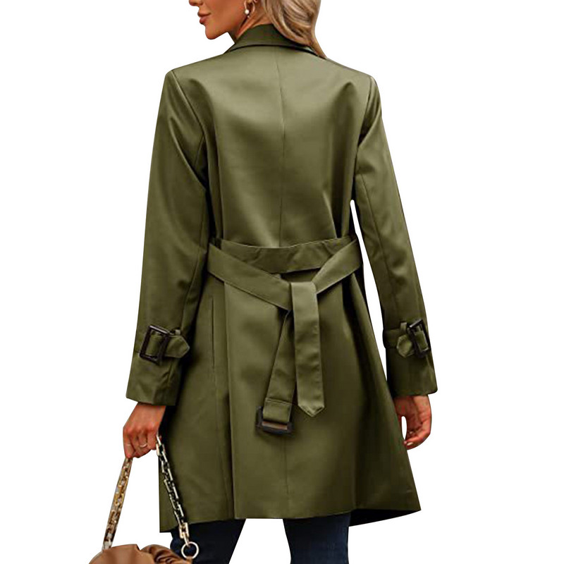 Ženska vjetrovka s dvostrukim kopčanjem, dugi kaput s reverom, kaput s dugim rukavima i pojasom za ležernu odjeću