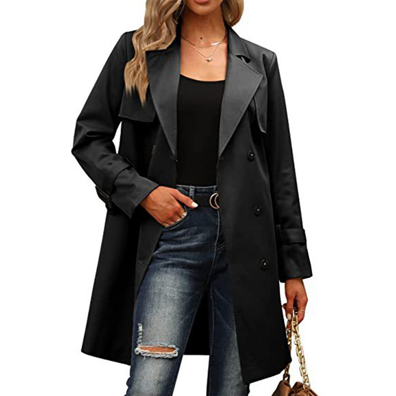 Ženska vjetrovka s dvostrukim kopčanjem, dugi kaput s reverom, kaput s dugim rukavima i pojasom za ležernu odjeću