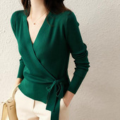 Proljeće jesen Pleteni kardigan s dugim rukavima Modni gornji dio s omotom s V izrezom Temperamentni pulover na vezanje Ženska elegantna donja košulja