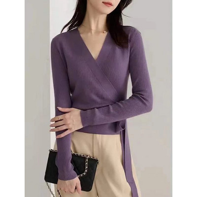 Proljeće jesen Pleteni kardigan s dugim rukavima Modni gornji dio s omotom s V izrezom Temperamentni pulover na vezanje Ženska elegantna donja košulja