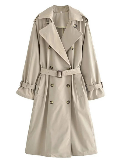 2023. aasta naiste sügismood, kaherealine khaki sirge pikad jakid, tüdrukutele, uus vabaajaline, allapoole keeratava kraega trenšmantel koos vööga