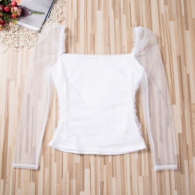 Σέξι διαφανές διχτυωτό πουκάμισο ματισμένο πουκάμισο γυναικεία μπλούζα με μακριά μανίκια στράπλες διάφανα ρούχα πουλόβερ με προοπτική Clubwear