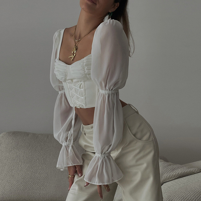 Chic Vintage Ženske duge rukave Četvrtasti ovratnik Bandage Korzet Kratke majice Bluze Seksi elegantne košulje Ženske