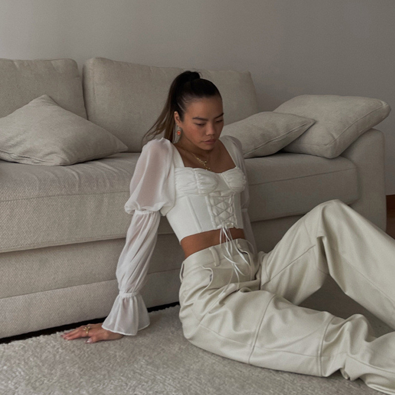 Chic Vintage Ženske duge rukave Četvrtasti ovratnik Bandage Korzet Kratke majice Bluze Seksi elegantne košulje Ženske