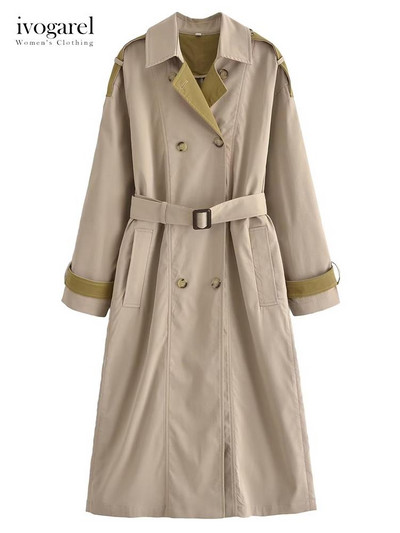 Ivogarel Oversize Contrast Trench Coat Sieviešu kokvilnas maisījuma garais mētelis ar jostu ar divrindu pogu un garām piedurknēm