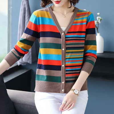 Kevadsuvi V-kaelusega kontrastvärvi kootud kampsun naiste triibuline kampsun, vaba vabaaja plusssuuruses mantel Naiste pikkade varrukatega topp