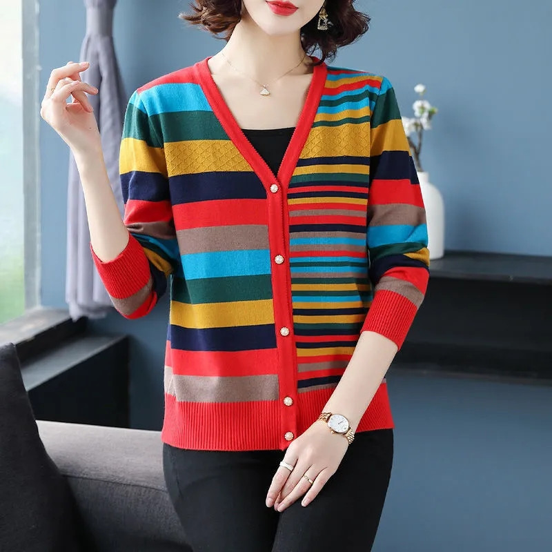 Kevadsuvi V-kaelusega kontrastvärvi kootud kampsun naiste triibuline kampsun, vaba vabaaja plusssuuruses mantel Naiste pikkade varrukatega topp