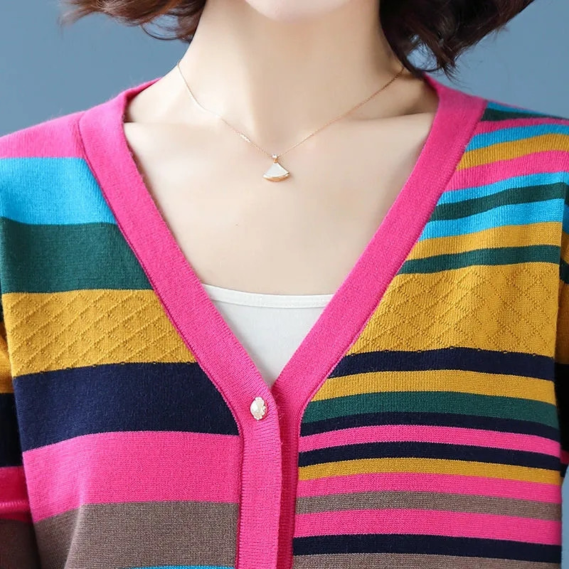 Kevadsuvi V-kaelusega kontrastvärvi kootud kampsun naiste triibuline kampsun, vaba vabaaja plusssuuruses mantel Naiste pikkade varrukatega topp