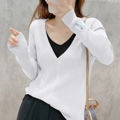 Γυναικεία πλεκτή ζακέτα Casual Δύο τεμάχια μακρυμάνικη Top Spring New Fashion Thin Coat Slim Απλό μονόχρωμο πουλόβερ με λαιμόκοψη V