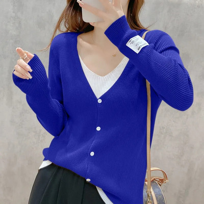 Γυναικεία πλεκτή ζακέτα Casual Δύο τεμάχια μακρυμάνικη Top Spring New Fashion Thin Coat Slim Απλό μονόχρωμο πουλόβερ με λαιμόκοψη V