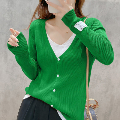 Γυναικεία πλεκτή ζακέτα Casual Δύο τεμάχια μακρυμάνικη Top Spring New Fashion Thin Coat Slim Απλό μονόχρωμο πουλόβερ με λαιμόκοψη V