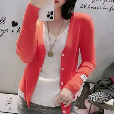 Γυναικεία πλεκτή ζακέτα Casual Δύο τεμάχια μακρυμάνικη Top Spring New Fashion Thin Coat Slim Απλό μονόχρωμο πουλόβερ με λαιμόκοψη V