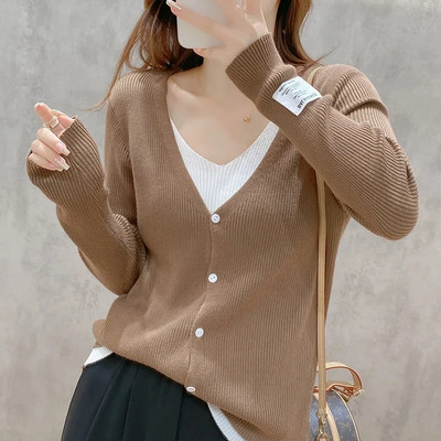 Γυναικεία πλεκτή ζακέτα Casual Δύο τεμάχια μακρυμάνικη Top Spring New Fashion Thin Coat Slim Απλό μονόχρωμο πουλόβερ με λαιμόκοψη V