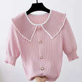 Γυναικείο ροζ πέτο Ice Silk Knit Top Καλοκαιρινή μόδα Νέο βολάν κοντομάνικο πουλόβερ Casual και άνετη γυναικεία ζακέτα