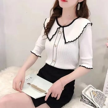 Γυναικείο ροζ πέτο Ice Silk Knit Top Καλοκαιρινή μόδα Νέο βολάν κοντομάνικο πουλόβερ Casual και άνετη γυναικεία ζακέτα