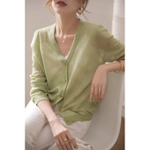 Μονόχρωμο γυναικείο πουλόβερ μπουφάν για άνοιξη και φθινόπωρο Νέο ελαφρύ πλεκτό πουλόβερ Απαλή και άνετη ζακέτα με δαντέλα