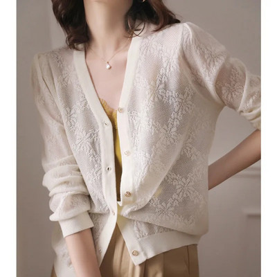 Μονόχρωμο γυναικείο πουλόβερ μπουφάν για άνοιξη και φθινόπωρο Νέο ελαφρύ πλεκτό πουλόβερ Απαλή και άνετη ζακέτα με δαντέλα