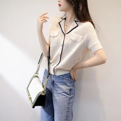 Proljetni i jesenski novi lagani pleteni pulover Ležerni modni lagani kardigan s izrezima Jacquard kontrastna ženska majica