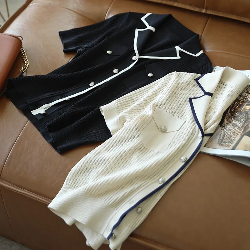 Proljetni i jesenski novi lagani pleteni pulover Ležerni modni lagani kardigan s izrezima Jacquard kontrastna ženska majica