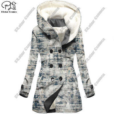 Τρισδιάστατη εκτύπωση ρετρό τατουάζ με κουκούλα φλις μπουφάν ζεστό γυναικείο μπουφάν χειμερινό casual σειρά δώρων νέο F-12