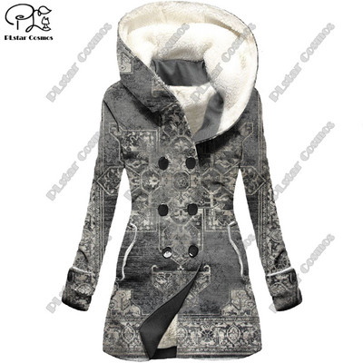 Τρισδιάστατη εκτύπωση ρετρό τατουάζ με κουκούλα φλις μπουφάν ζεστό γυναικείο μπουφάν χειμερινό casual σειρά δώρων νέο F-12