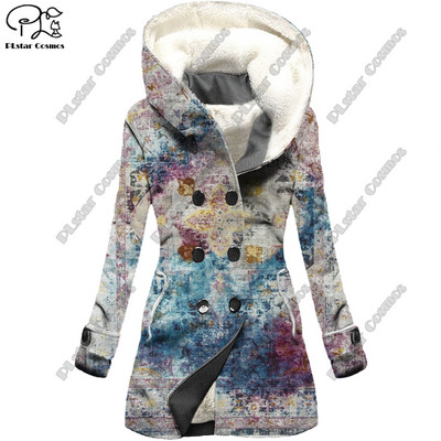 Τρισδιάστατη εκτύπωση ρετρό τατουάζ με κουκούλα φλις μπουφάν ζεστό γυναικείο μπουφάν χειμερινό casual σειρά δώρων νέο F-12