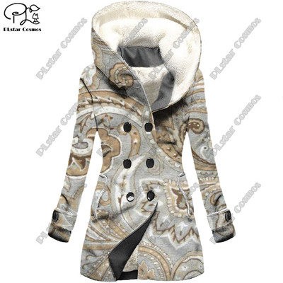 Τρισδιάστατη εκτύπωση ρετρό τατουάζ με κουκούλα φλις μπουφάν ζεστό γυναικείο μπουφάν χειμερινό casual σειρά δώρων νέο F-12