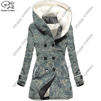 Τρισδιάστατη εκτύπωση ρετρό τατουάζ με κουκούλα φλις μπουφάν ζεστό γυναικείο μπουφάν χειμερινό casual σειρά δώρων νέο F-12