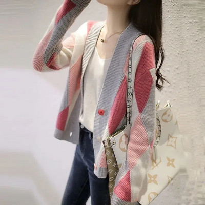 Ženski pulover s korejskim V-izrezom Argyle uzorkom Vintage jesenski široki pleteni kardigan jakna s jednim kopčanjem Ženska majica dugih rukava