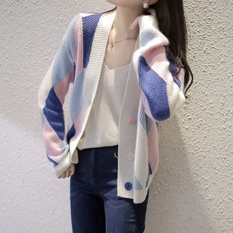 Ženski pulover s korejskim V-izrezom Argyle uzorkom Vintage jesenski široki pleteni kardigan jakna s jednim kopčanjem Ženska majica dugih rukava