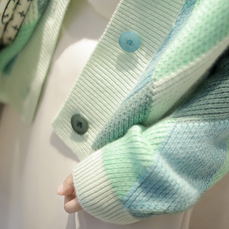 Ženski pulover s korejskim V-izrezom Argyle uzorkom Vintage jesenski široki pleteni kardigan jakna s jednim kopčanjem Ženska majica dugih rukava