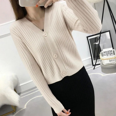 Κορεάτικο στυλ Μασίφ, λεπτή κουρεμένη ζακέτα, Ανοιξιάτικο φθινόπωρο, γυναικείο πουλόβερ με λαιμόκοψη σε λαιμόκοψη, μπουφάν Casual πλεκτό μακρυμάνικο μπλουζάκι